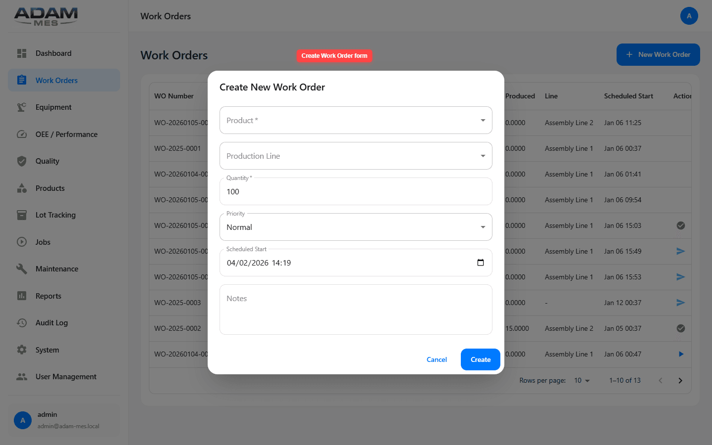 Create New Work Order form with product, line, quantity, priority, and schedule fields