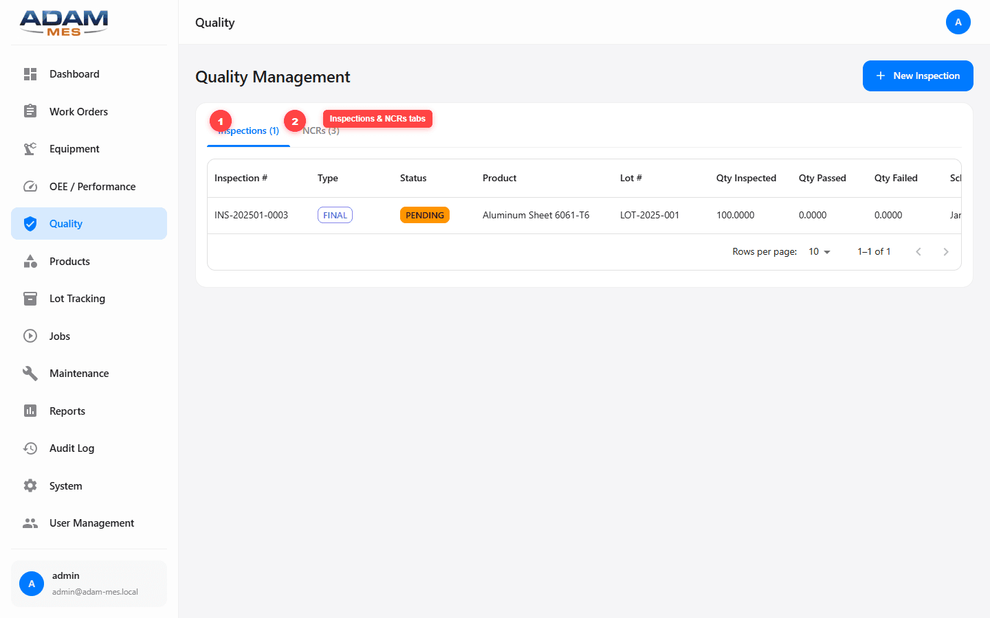 Quality Management showing inspections table with status badges