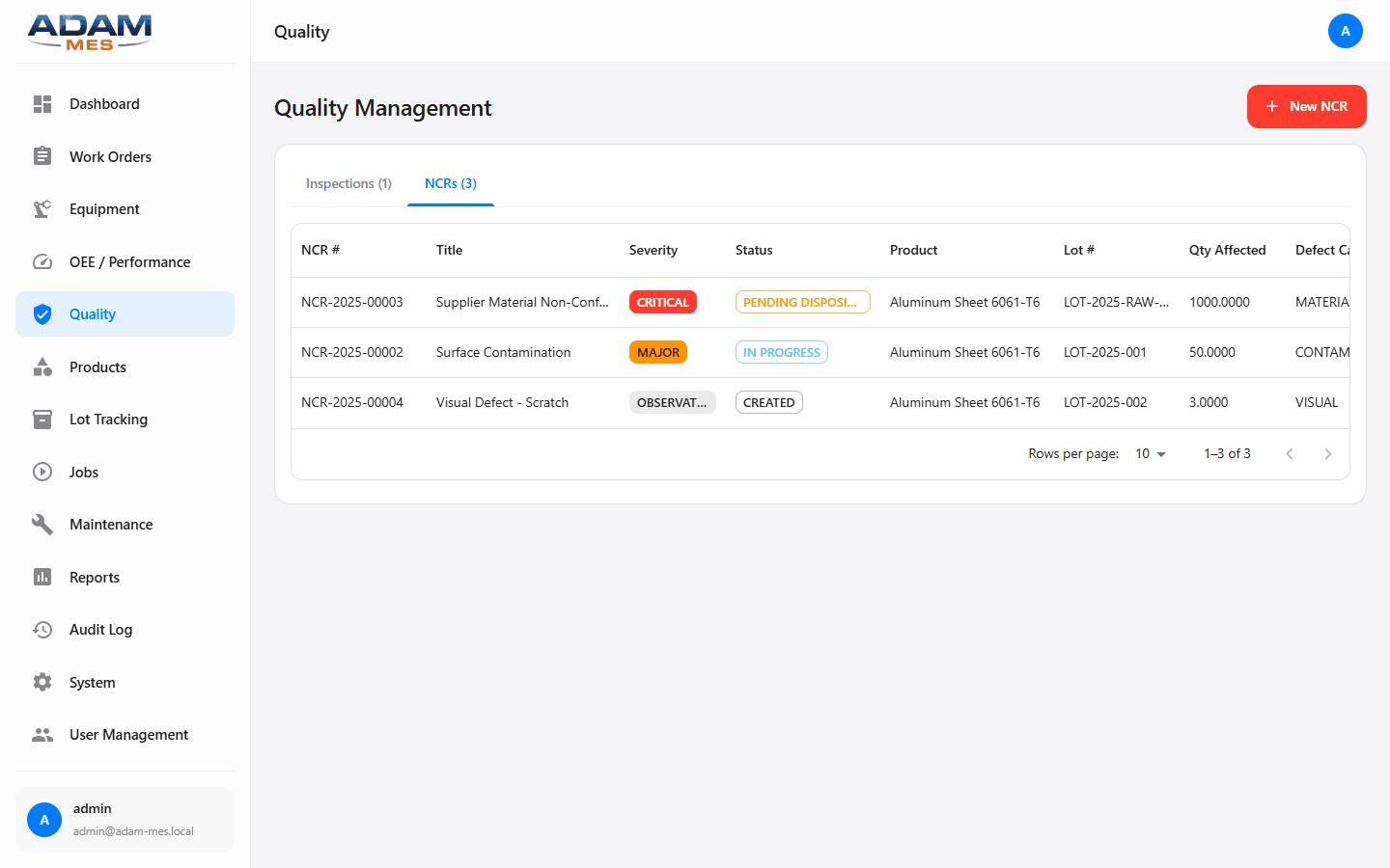 Non-Conformance Reports tab showing NCR tracking