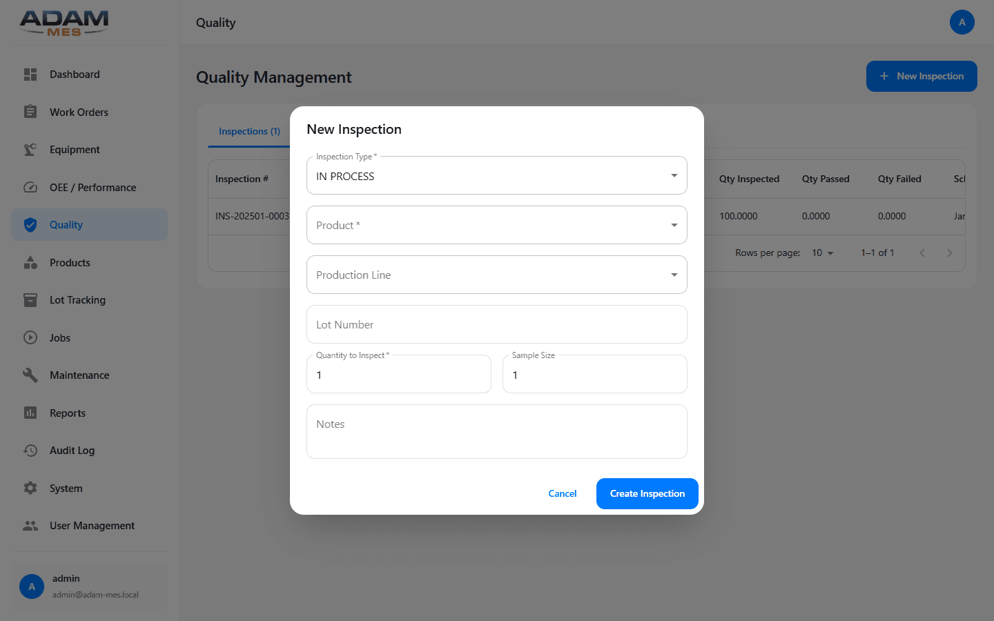 Create new quality inspection form