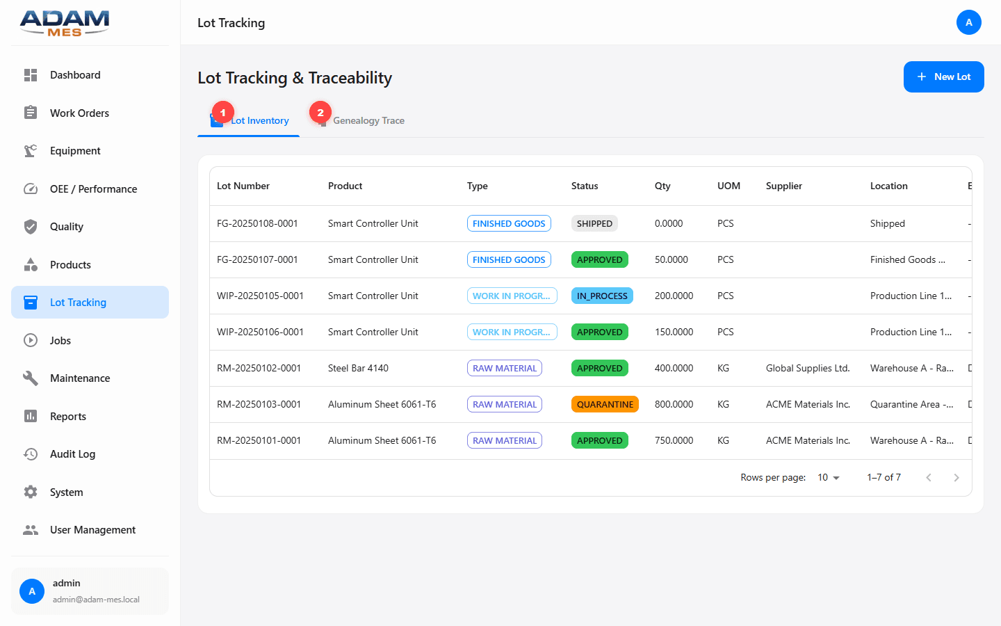 Lot Tracking showing lot inventory with statuses, suppliers, and locations