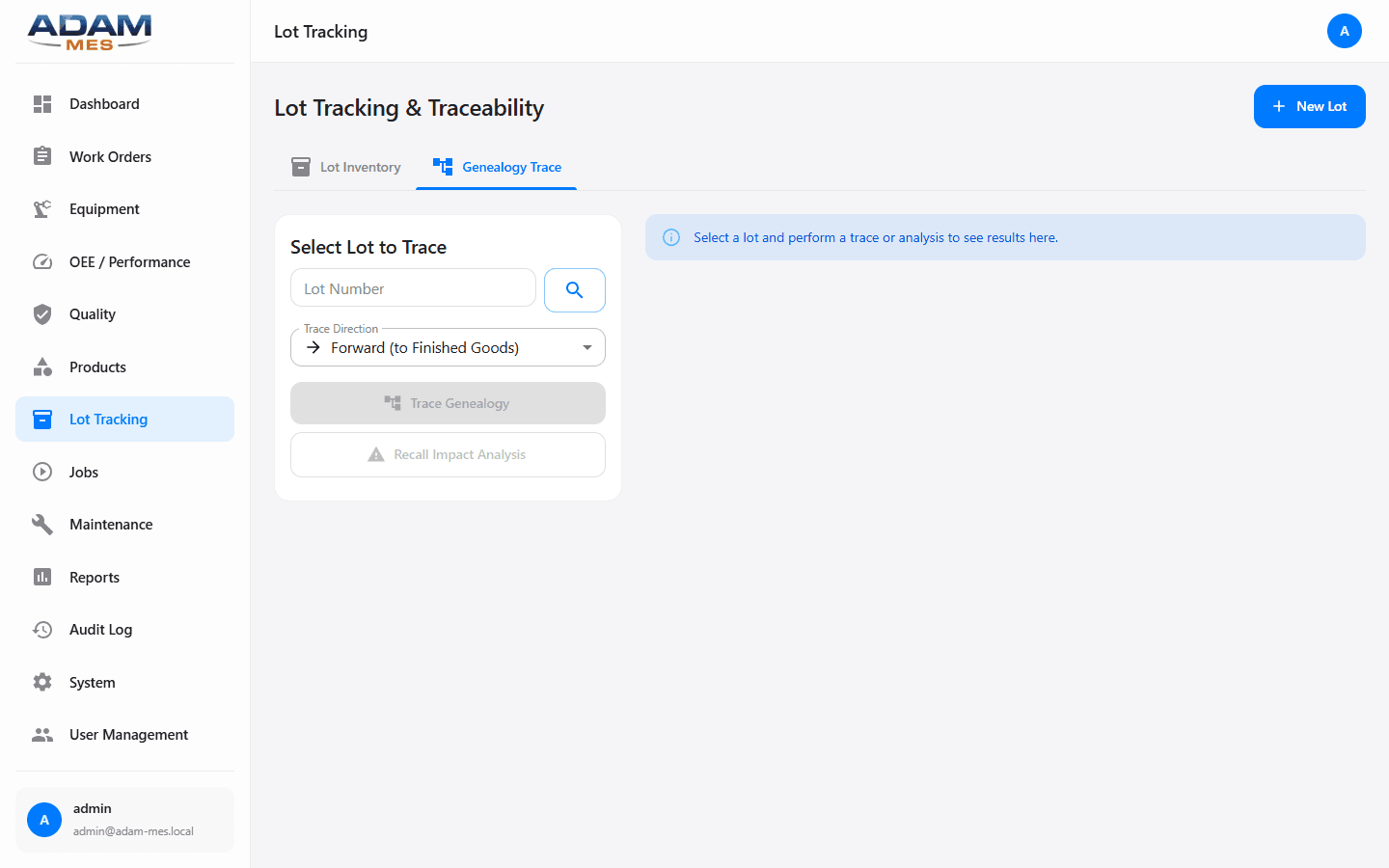 Genealogy Trace showing complete lot lineage from raw materials to finished goods