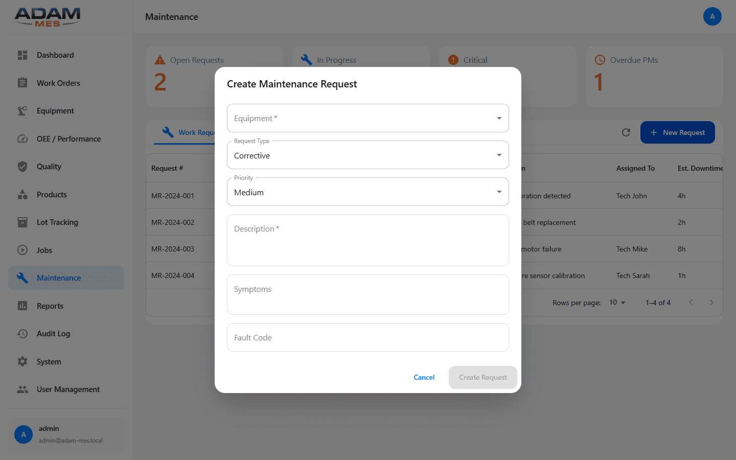Create new maintenance request form