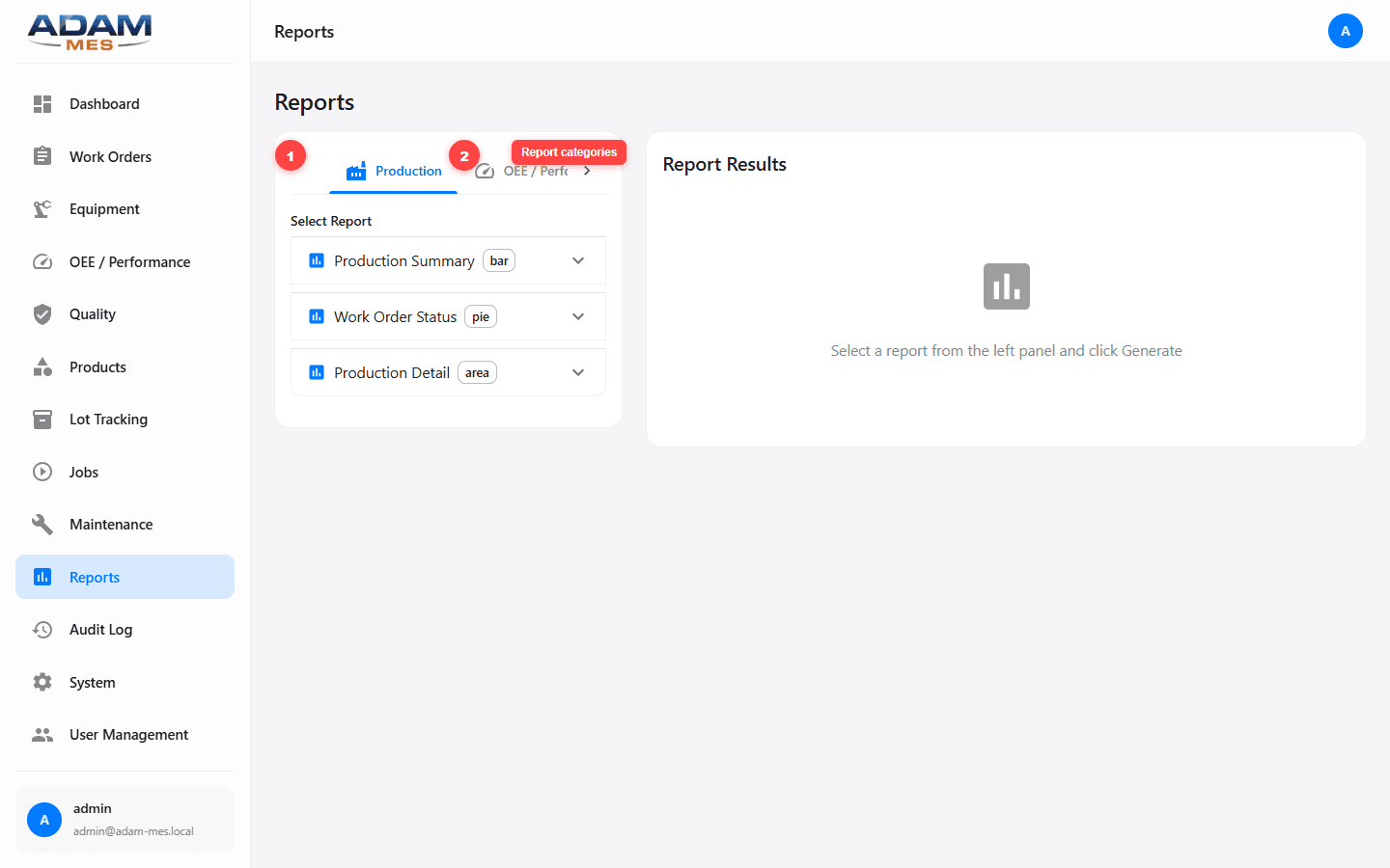 Reports module showing Production and OEE report categories